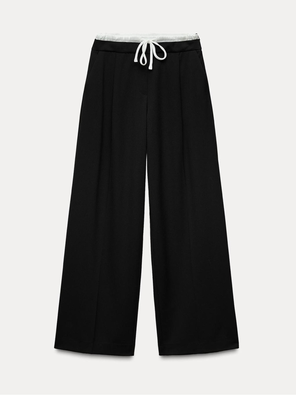 Zara Black Wide-Leg Drawstring Waist Pants with White Trim